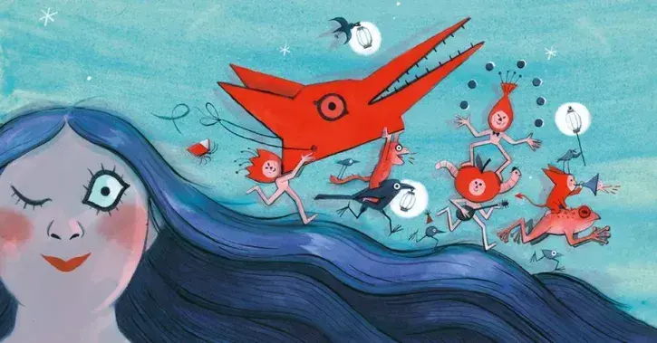Une femme dessinée et sur ses cheveux courent de petits personnages (renard, oiseau...)