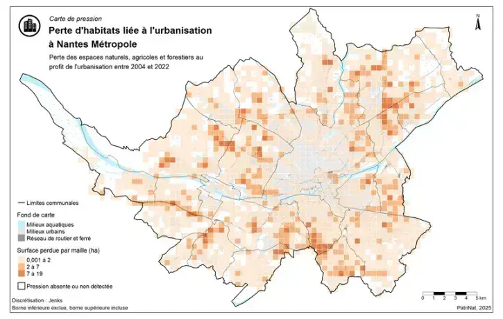 Carte des pressions exercées sur la biodiversité par l'urbanisation dans la métropole nantaise.