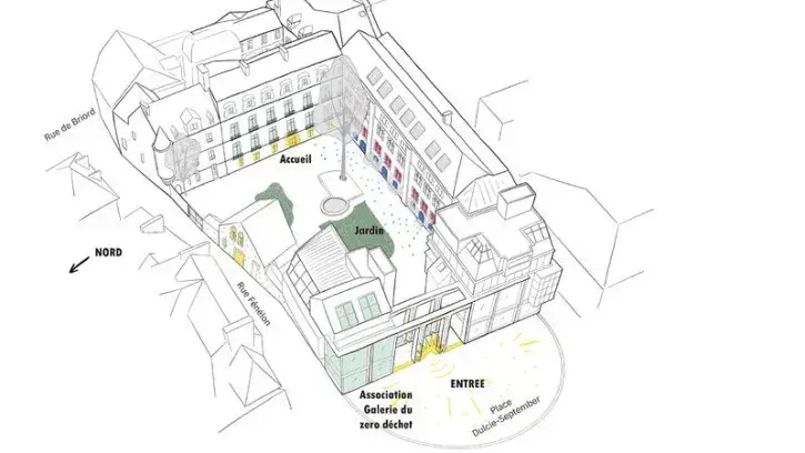 plan de l'ancienne École des beaux-arts de Nantes, entre la rue de Briord et la place Dulcie-September.
