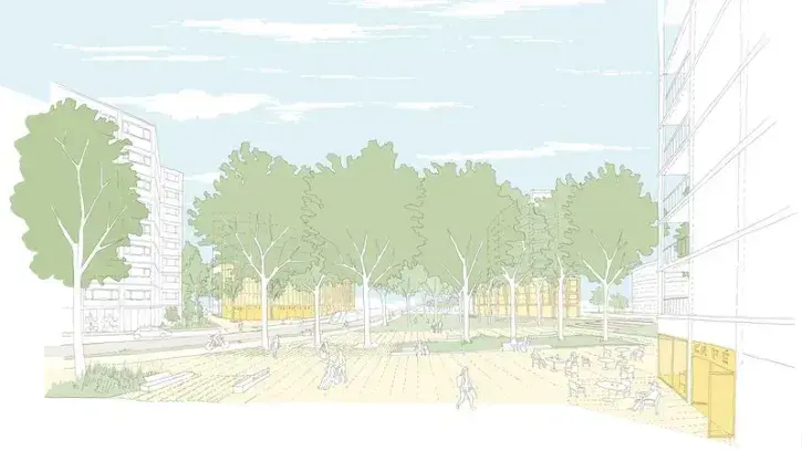 Vue de la futur place de Pirmil Saint-Jacques, avec ses immeubles et ses commerces.