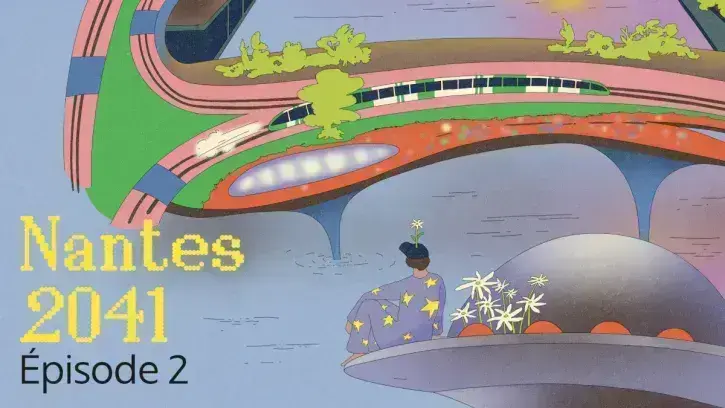 Devant le pont Anne-de-Bretagne terminé, sur lequel passe un tramway, un personnage de dos assis sur une soucoupe volante.