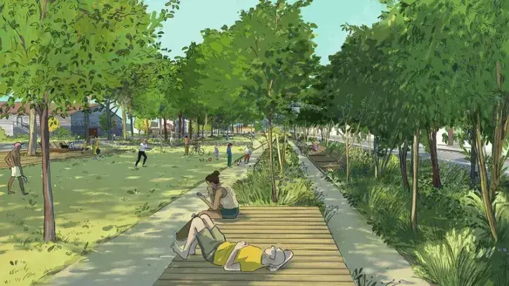 Dessin illustrant l'ambiance des futurs jardins du rail, sur l'île de Nantes.