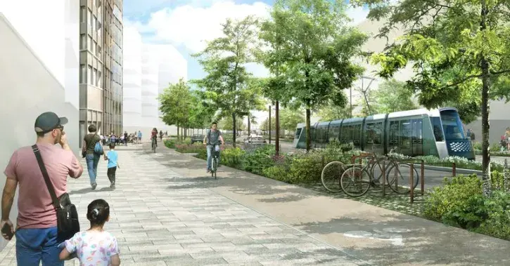 Des piétons marchent sur le futur boulevard Simone-Veil, qui sera longé par une nouvelle ligne de tramway.