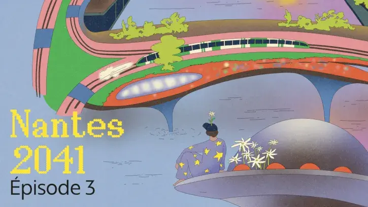 Devant le pont Anne-de-Bretagne terminé, sur lequel passe un tramway, un personnage de dos assis sur une soucoupe volante.