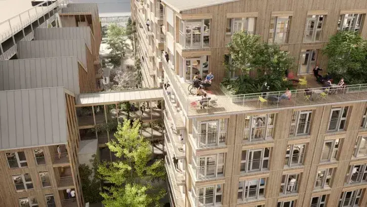Les bâtiments, qui allient béton, structure bois pour les charpentes des toitures et une façade à ossature bois pour l'un des immeubles, seront reliés par des cours végétalisées. © Quartus – Chemetoff & Associés