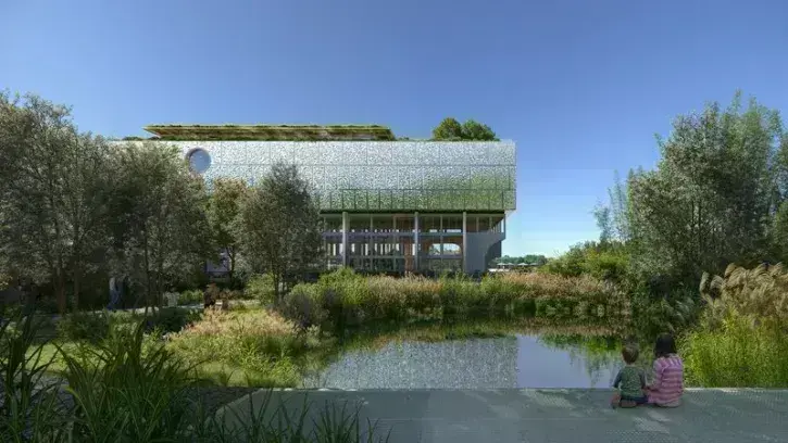 La Cité des imaginaires vue du bassin du Jardin extraordinaire. L'équipement ouvrira ses portes en 2028 © HISM - Neutelings Riedijk 