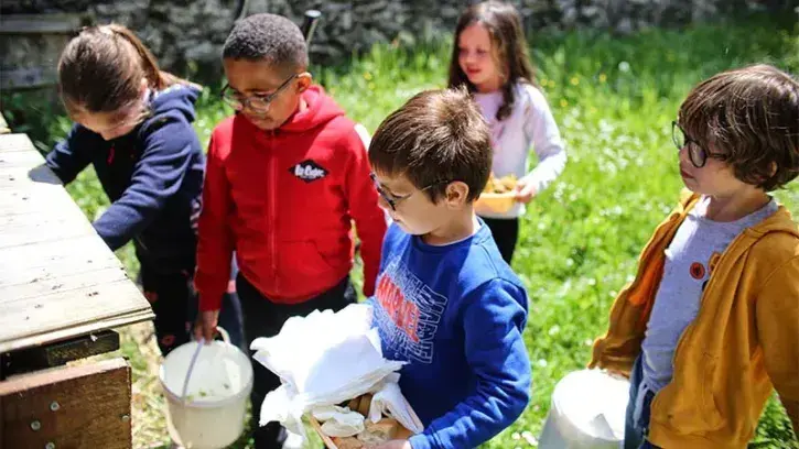 Après le repas, un petit groupe d'enfants vient mettre les restes au compost.