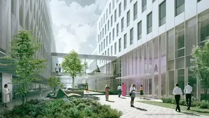 Ouvert sur la ville, le nouvel hôpital sera traversé par trois rues piétonnes et ponctué d'espaces verts. Une allée jardin distribuera les différents services situés en rez-de-chaussée : plateau de consultations externes, imagerie, urgences pédiatriques…