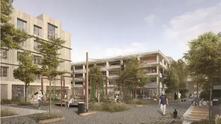 Dès l'entrée, les véhicules des habitants seront regroupés dans deux parkings mutualisés, situés à moins de 3 minutes des logements, au profit des circulations douces. © JBA – architectes