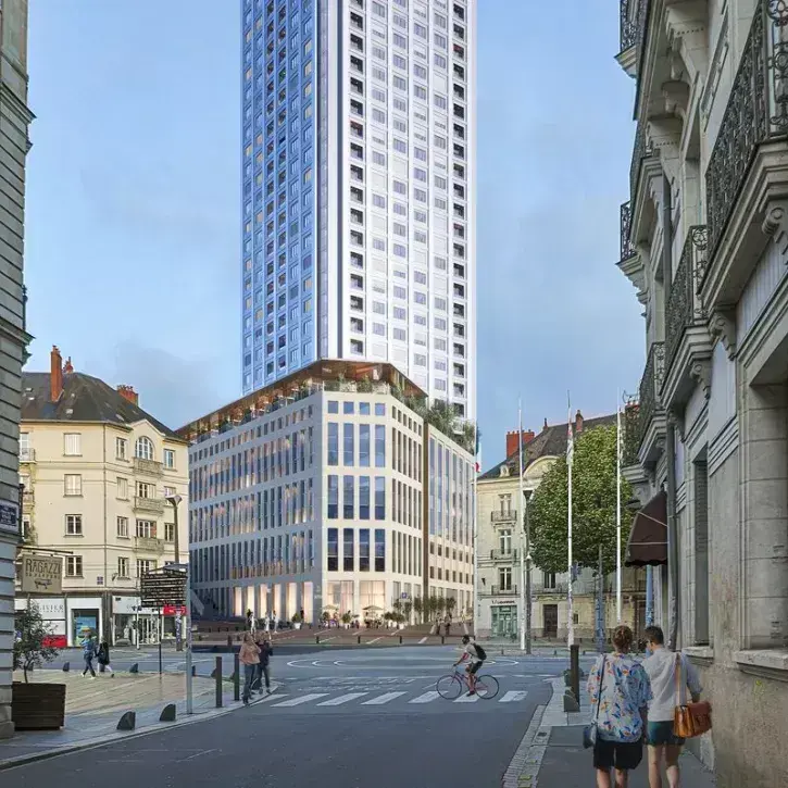 Un nouveau bâtiment prendra place rue de l'Arche-Sèche. On y trouvera un hôtel et un restaurant dont la terrasse, surplombant les toits de Nantes, sera ouverte au grand public. © PCA-Stream