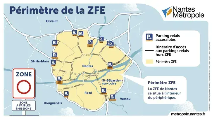 Le périmètre de la ZFE a été défini à l'intérieur du périphérique nantais. Les parkings-relais à proximité restent cependant accessibles.