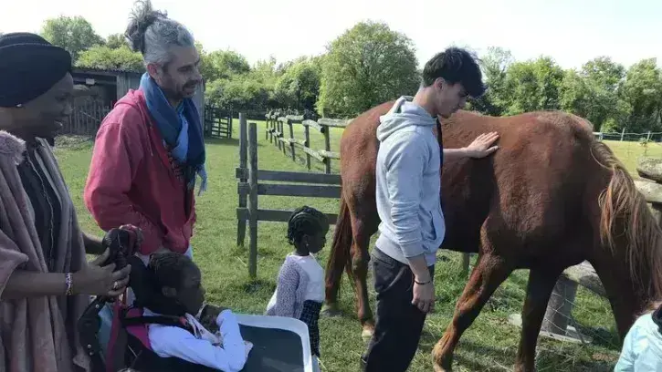 Maman avec sa fille en fauteuil roulant se dirigeant vers un cheval, dans un champ. Le cheval est déjà caressé par un jeune homme sous le regard d'un autre homme adulte.
