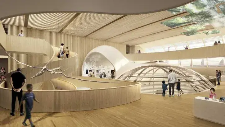 Sorte de cocon en bois, la salle des origines sera un lieu de déambulation et de réflexion permettant de comprendre les enjeux de demain pour mieux « Habiter la terre » © Moatti & Rivière.