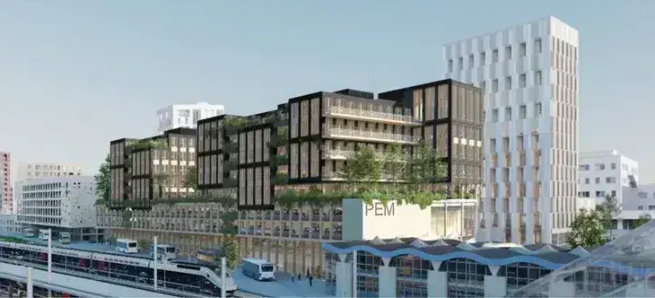 Dessiné par les architectes d'AIA Life Designer et de Dream, il abritera au rez-de-chaussée, une gare routière directement connectée à la gare SNCF. © AIA – Dream
