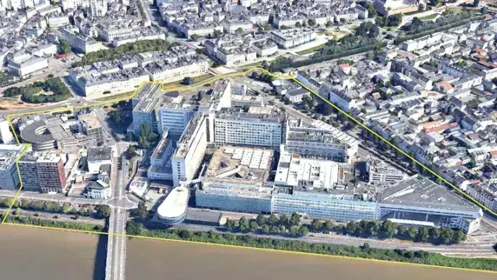Le périmètre soumis au concours Europan comprend le site de l'Hôtel-Dieu ainsi qu'une partie de l'îlot Bias voisin.