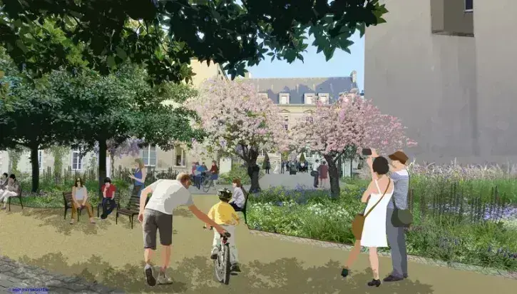 Au printemps 2025, le parking de la mairie situé rue de la Commune sera transformé en salon extérieur végétalisé et fleuri, où l'on pourra se poser et partager des moments conviviaux lors des cérémonies de mariage. © MAP Paysagistes