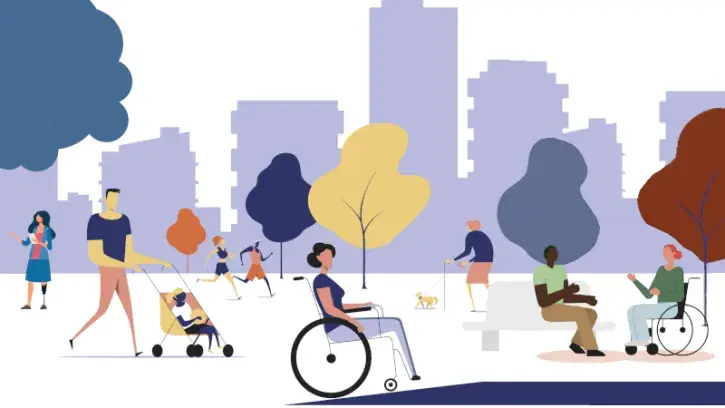 L'illustration présente le parc d'une grande ville avec au premier plan une femme en fauteuil roulant grimant sur une rampe d'accès, plus loin un homme poussant une poussette, un homme sur un banc discutant avec une femme en fauteuil, une dame âgée promen