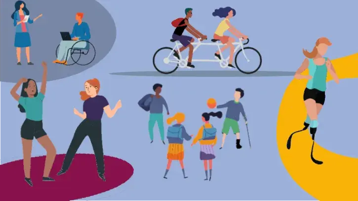 L'illustration présente deux jeunes femmes qui dansent, un groupe d'écoliers et d'écolières dont un en situation de handicap qui jouent au ballon, une athlète qui cours sur une piste avec deux prothèses aux jambes, deux personnes sur un vélo-tandem et une