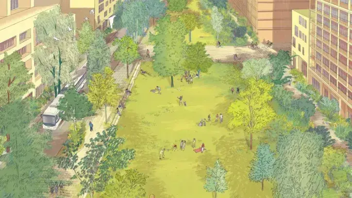 L'aménagement des Jardins de l'estuaire, 8 ha de nature répartis sur 1,6 km, démarre en 2024 avec une ouverture progressive de 2025 à 2027 d'est en ouest, entre le nouveau quartier République et le quai des Antilles. © AJOA LAQ