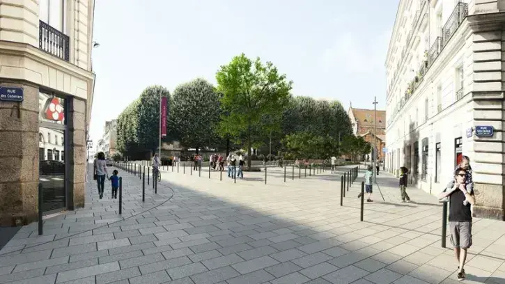 Pavée et végétalisée, la place Jean V dévoilera son nouveau visage au moment de la réouverture du musée Dobrée au printemps 2024. © Paume Air Studio