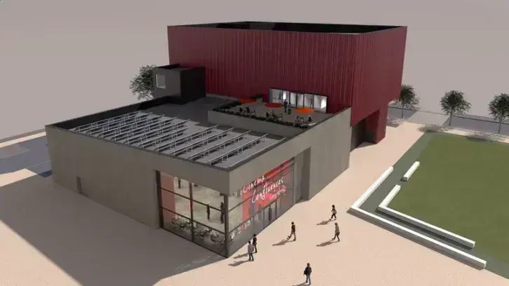 Esquisse d'intention. Le projet prévoit 3 salles de cinéma en rez-de-chaussée et une grande salle à l'étage. © Cinéma Confluences