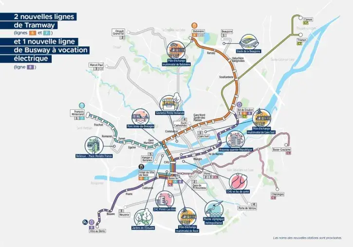 La ligne 8 de busway traversera toute l'île de Nantes, au sud. Le quartier profitera aussi de l'arrivée des 2 nouvelles lignes de tramway à l'ouest.