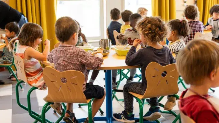 Dans les écoles publiques de Nantes, les enfants mangent à 43% du bio, deux à trois repas végétariens par semaine et sont sensibilisés au gaspillage alimentaire. © Garance Wester