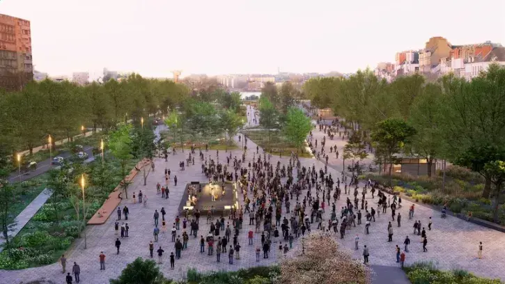 Vue de la future place centrale. Equivalente en taille à la place du Commerce, elle servira les jours de marché et pourra accueillir des événements.  © Agence TER 