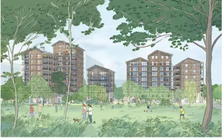 L'îlot B10, doté de façades ossatures bois remplies en paille hachée et chanvre, abritera 105 logements abordables et sociaux. © Atlantique Habitations - CIF - Ylé - Nomades Architectes