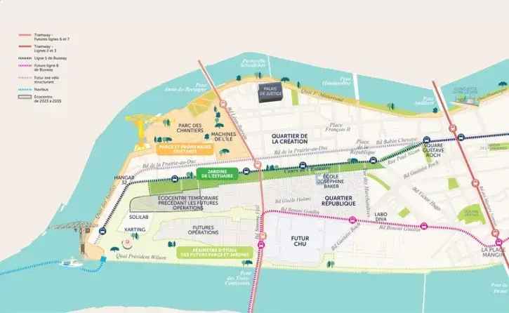 Irrigué par deux grands axes – le boulevard Simone-Veil, entre le pont Anne-de-Bretagne et le pont des Trois-Continents, et un second axe reliant le centre historique de Nantes et le futur hôpital, le quartier République sera connecté aux nouvelles lignes