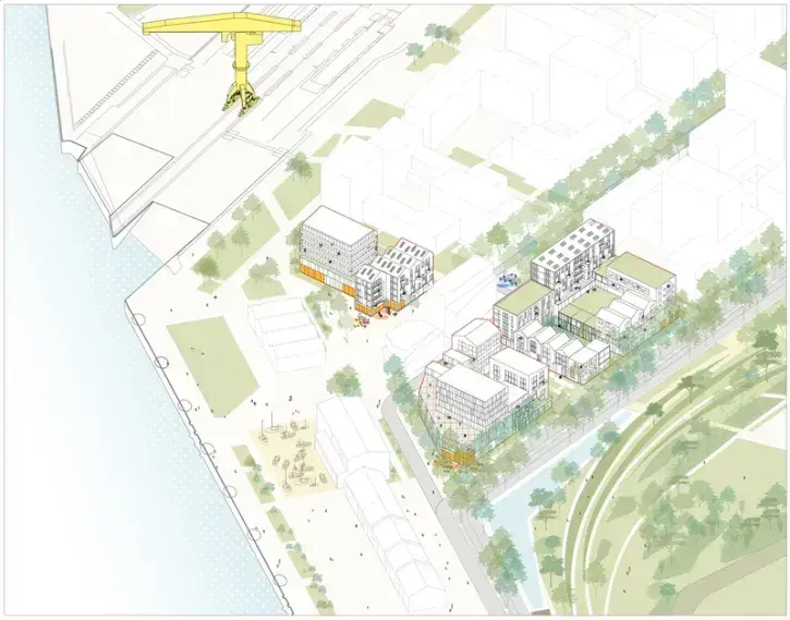 Ces  trois derniers projets prendront place à l'extrémité ouest du quartier, entre la grue jaune et les hangars portuaires. © ajoa-laq