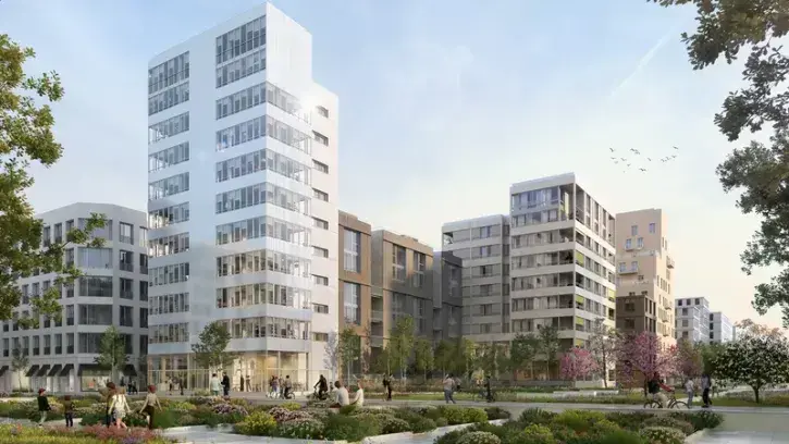 L'opération Joïa, sur l'îlot Alix, se compose de trois bâtiments de 5 à 10 étages, offrant 68 logements, des commerecs en pied d'immeuble et un grand local vélo convertible en espace de convivialité. © NRAU & LALU / Bâti-Nantes & Six-Ares