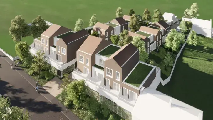 Le programme Hautes Rives - 26 logements du T2 au T4 - emprunte sa typologie aux hameaux avec l'ambition de proposer une vie de village à ses futurs habitants. © HUCA Architecture. 