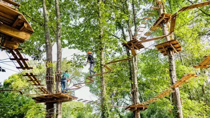 L'accès aux différents parcours s'effectue se fait au même endroit par trois grands escaliers en bois afin de limiter l'emprise au sol et préserver les sous-bois. © Granace Wester pour la Ville de Nantes