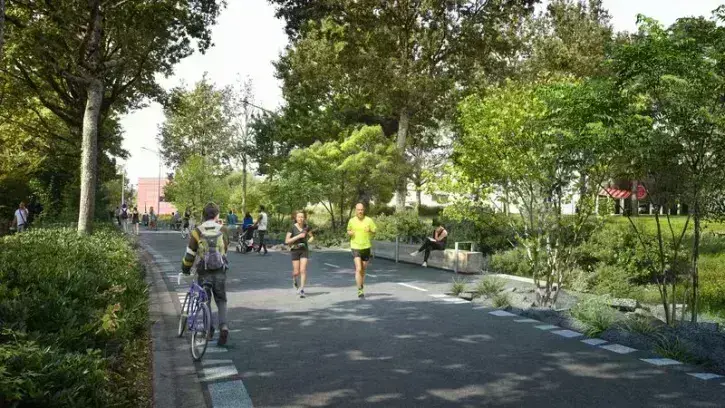 La rue Christian-Pauc sera transformée en voie piétonne et cyclable, agrémentée de salons équipés de bancs et de tables de pique-nique.  ©  Ateliers up / Keran