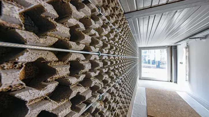 Le choix a été fait de privilégier des matériaux bruts, pour conserver l'aspect industriel, comme ces dalles à engazonner en béton qui trouvent ici une utilisation inhabituelle.