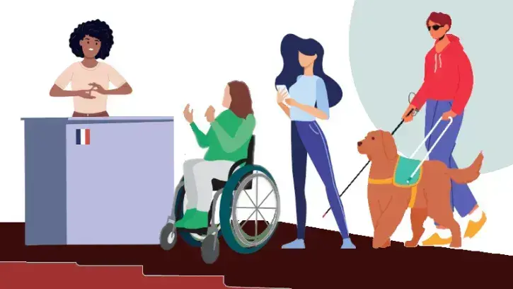 L'illustration présente un guichet derrière lequel une femme s'exprime en langue des signes française avec une femme en fauteuil roulant qui signe également. Dans la file d'attente une femme attend, téléphone en main, puis un homme aveugle avec sa canne e