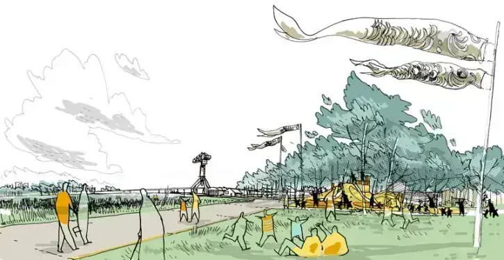 Ce parc au bord de la Loire doit devenir une destination de loisirs pour les habitantes et habitants de la métropole nantaise et ses visiteurs. © Illustration des intentions - D'ICI LA / Atelier Georges