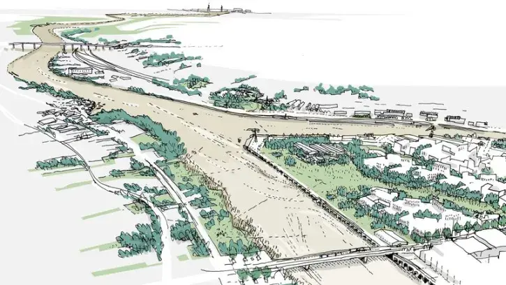 Illustration des intentions pour le futur grand parc qui sera aménagé face à la Loire, au sud-ouest de l'île de Nantes. Sa conception sera travaillée dans le cadre de la concertation avec les citoyens et selon les études de faisabilité. © D'ICI LA / Ateli