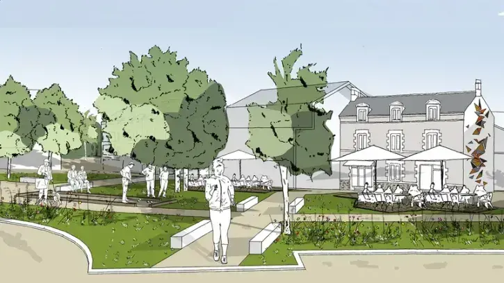 L'îlot Jeanne d'Arc, « le cœur de l'esprit village », accueillera 36 logements et 5 à 6 cellules commerciales. Les espaces publics seront végétalisés. © Auran.