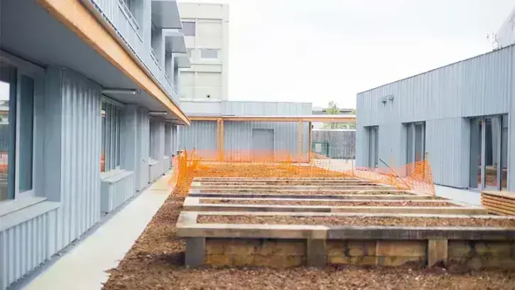 Depuis les salles de classe, les élèves pourront accéder à un patio végétalisé. Il accueille déjà des bacs de plantation. Une dizaine d'arbres fruitiers seront plantés prochainement.