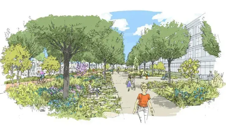 La route de Paris sera végétalisée avec le prolongement du mail planté, des jardins, des lieux de pause et la création d'îlots de fraîcheur.